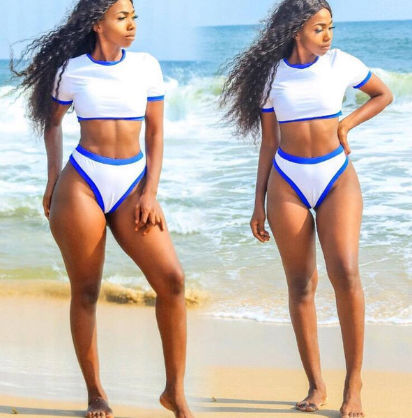 Women Bikini Set Striped Patchwork Short Sleeve Shirt Shorts 2pcs/set Summer Swimsuit Scoop Neck Beach Bathing Suit LJJO6582