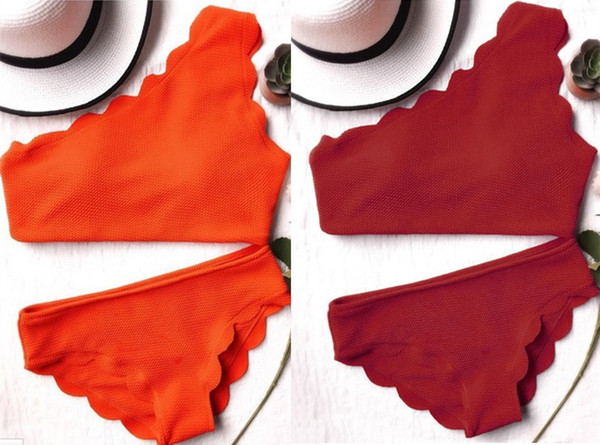 Fashionable swimwear summer split bikini high waist lace special fabric Pure color swimsuit beach resort bathing suit