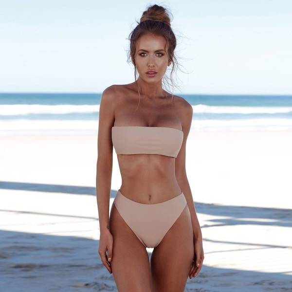 Summer Women Pure Color Black Wrap Chest Bikini Split Body Swimsuit Padded Two Piece Beachwear Suit High Waist Tube Top Swimwear