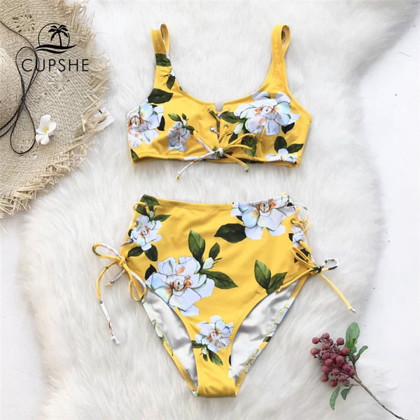 CUPSHE Yellow Floral Print Bikini Sets Women High Waist Lace Up Two Pieces Swimsuits 2019 Girl Sexy Beach Bathing Suits