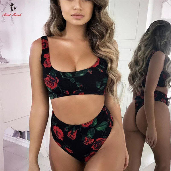 Ariel Sarah 2019 High Neck Bikini High Waist Swimsuit Women Floral Bikini Set Sexy Swimwear Rose Printing Bikini Halter Biquini