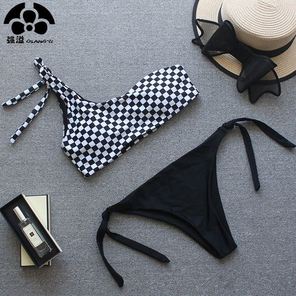 Plaid Sexy Bikini Set One Shoulder Swimwear Women Swimsuit Female Bathing Suit Separate Push Up Bikinis Bandage Beach 2019 New