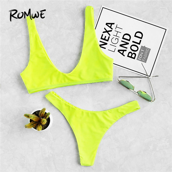 Romwe Sport Neon Green Plunge Neckline Vest Bikini With High Leg Bottom Women Bikini Sets Plain Swimsuit Beach Sexy Swimwear