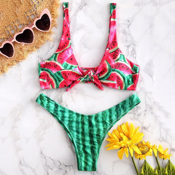 2018 Watermelon Knotted Bikini Swimwear Women Swimsuit Sexy Low Waist Plunge Thong Bikini Bathing Suit Padded Swimwear Biquni