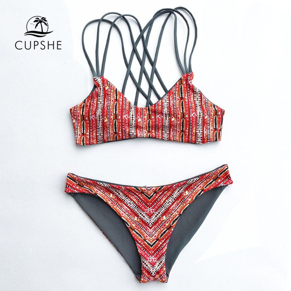 CUPSHE Heated Love in Desert Cross Back Bikini Set Women Striped Two Pieces Thong Swimwear 2019 Beach Bathing Suits Swimsuits