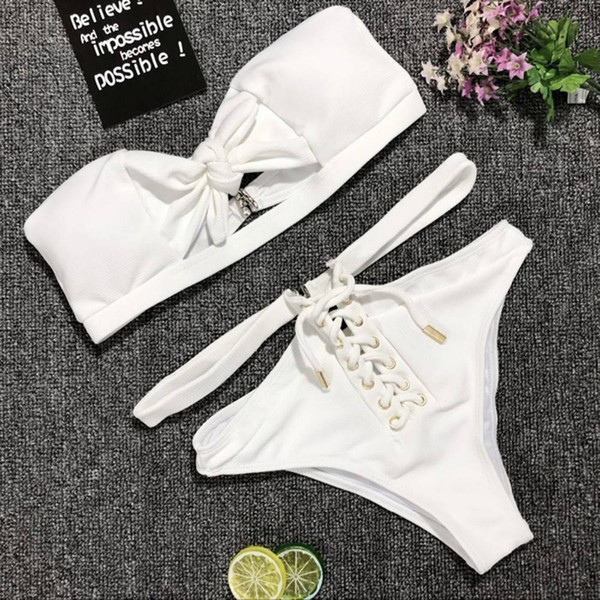 2019 Sexy Swimsuit Women's Separate Bikinis Set White Bow Tie Strapless Bra Swimsuit High Waist Two-piece Swimwear Bathing Suit