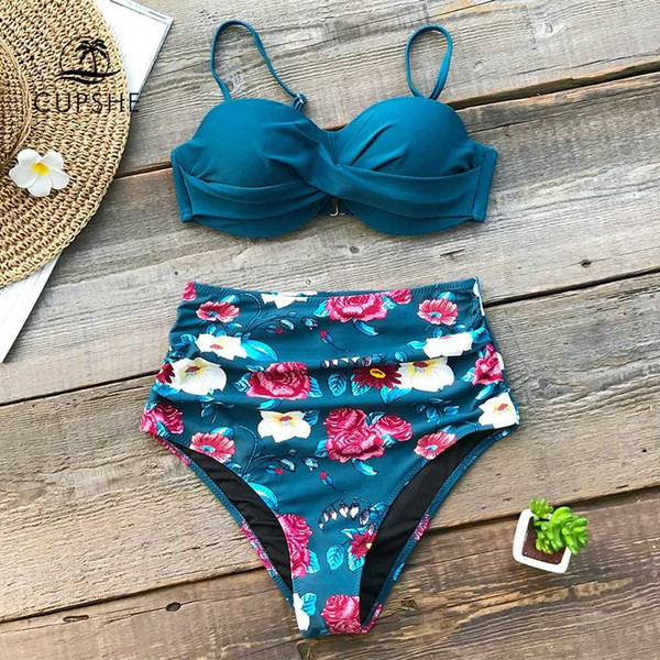 CUPSHE Blue Floral High Waist Bikini Sets Women Sexy Moulded Cup Push Up Two Pieces Swimsuits 2019 Girl Beach Bathing Suit