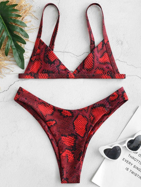 2019 Snakeskin Bikini Swimwear Women High Cut Swimsuit Sexy Halter Thong Bikini Bikini Set Padded V-Neck Biquni Bathing Suit