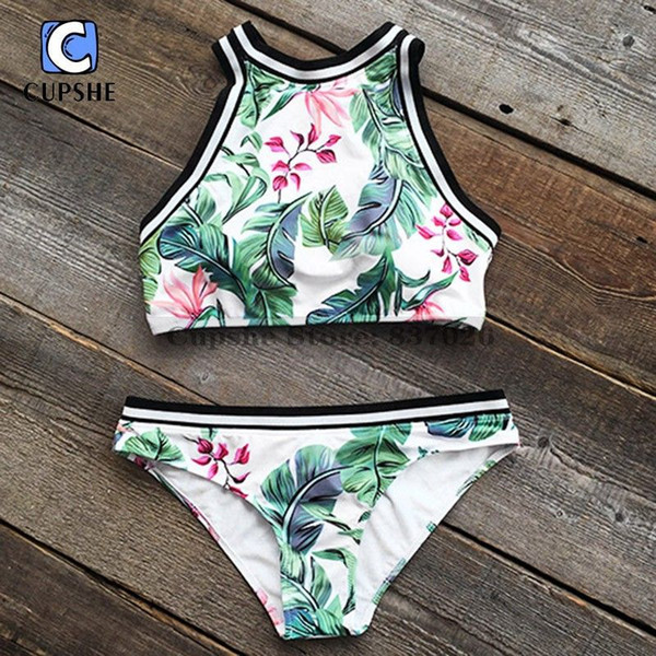 CUPSHE Women Plant Floral Print Tank Bikini Set Summer Sexy Sport Swimsuit Ladies 2019 Beach Bathing Suit Two Pieces Swimwear