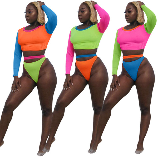 3XL Contrast Color Patchwork Casual Two Piece Set Summer Beach Woman O Neck Long Sleeve Skinny Crop Top And Sheath Shorts