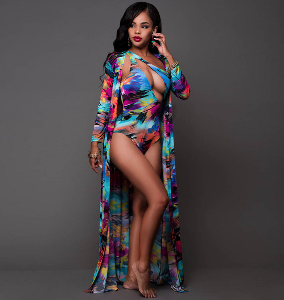 2018 summer sexy color ink printing Long sleeved coat, cape suit One-shoulder design for two-piece suit