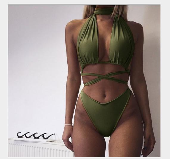Sexy Solid Color Split Creative Bandage Bikini Women Swimwear Summer Beach Backless Swimsuit Bikini Five Color Optional S-XL