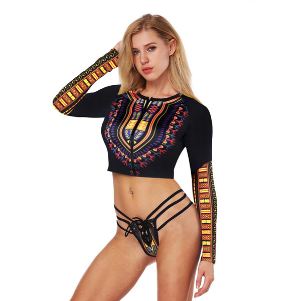 2PCS Women Sexy Zipper Triangle Bikini Sexy Zipper Long Sleeve Beach Swimsuit