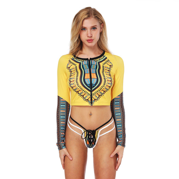 2PCS Sexy Zipper Triangle Bikini Women Long Sleeve printed Beach Swimsuit