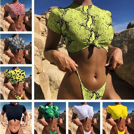Hot Sale New Sexy Beach Women Bikini Knot Split Swimsuit Sexy Half Sleeve Bikini Pure 9 Color
