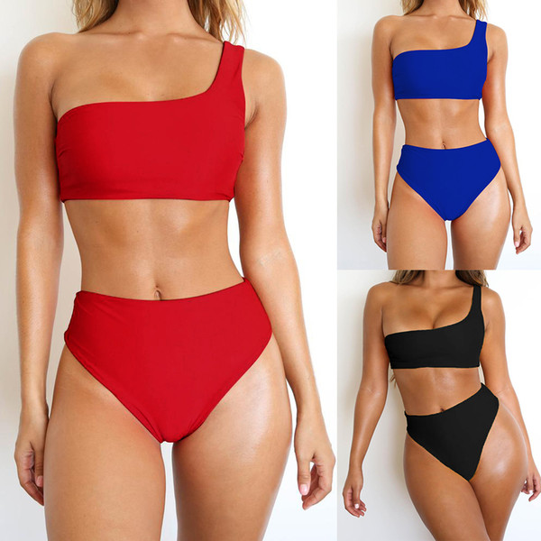 One Shoulder Swimsuits Swimwear for Women New High Waist Swimming Suit Two Piece Tankini Swim Suits Red Blue XL