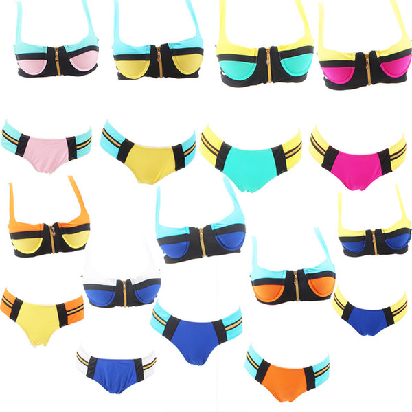 Trangel Padded Bikini Women Beach Swimwear Vintage Patchwork Zipper Swimsuit Push Up Bathing Suit Bikinis Beach Wear Biquin