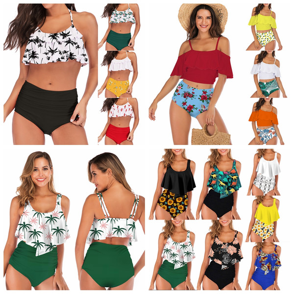 23styles Women Waist Polka Dot Bikini Sexy Print Swimwear Summer Beachwear Lotus Leaf Floral Bra Set Swimsuit Bathing Suit LJJA2278
