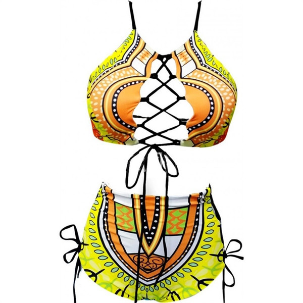 Woman Swimsuit Swimwear Lady Bikini Femme Two Piece Suits Sexy High Waist Frenulum Large Size Printing Bandage 25ym V
