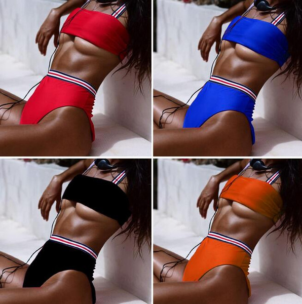 2pcs/set High Waist Beach Bikini Swimwear Set 6 Colors Girls Lady Solid Tube Top Triangle Swimsuit EEA325
