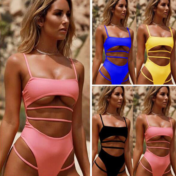Strappy Bandage Bikini Set 2019 New Solid Swimming Wear For Women Dark Blue Swimsuits New Thong Maillot 4color