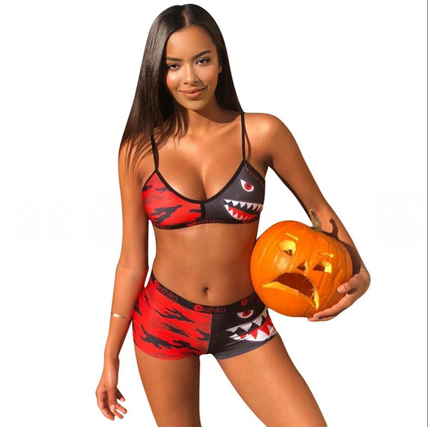 Women Camo Shark Swimwear Tie up Bra Shorts 2pcs/set Tracksuit Short Pants Patchwork Shark Swimsuit Bikini 40sets OOA6415