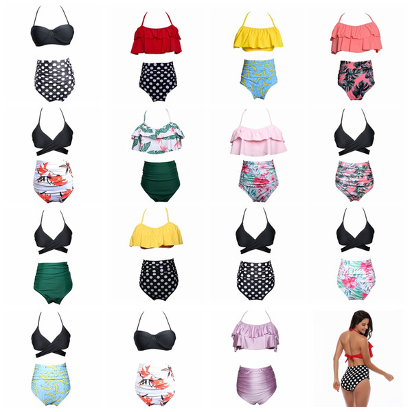 15styles Women Waist Polka Dot Bikini Sexy Print Swimwear Summer Beachwear Lotus Leaf Floral Bra Set Swimsuit Bathing Suits 50lots AAA357