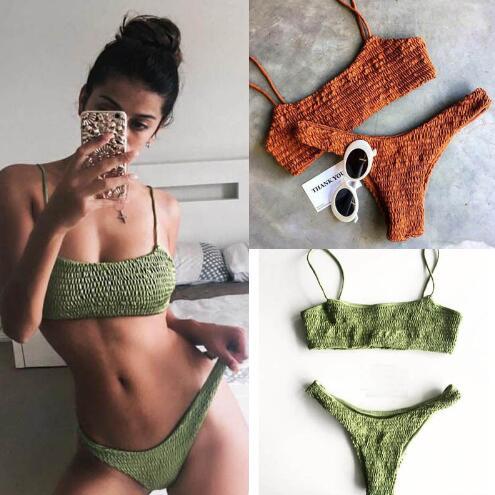 Summer Sexy Women Bikini Set Swimwear Push-up Padded Bra Swimsuit Bandage Bathing Suit Beachwear Plicated Triangle