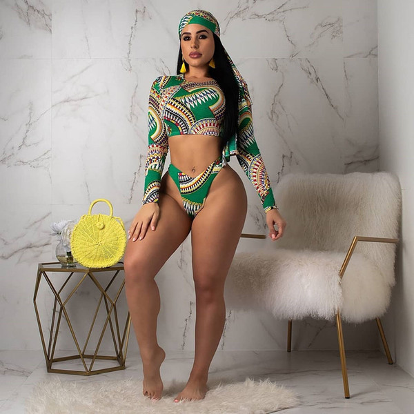 Sexy Women Long Sleeves Tankinis Swimsuit Bikini Swimwear 3 Pieces Set S-XL Green Printed Summer Three Pieces Suits