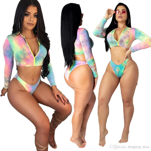 New Women Print Zipper Up Long Sleeve Short Crop Top And Panties Suits Two Piece Set Sexy Night Club Tracksuit Outfit 2PCS Suits