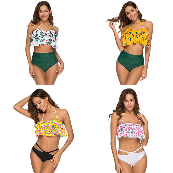 Halter Swimsuits for Women Bikini 2019 Flounce print ladies high waisted swimsuit swimwear Bikini Set Bathing Suit Beachwear Maillot De Bain