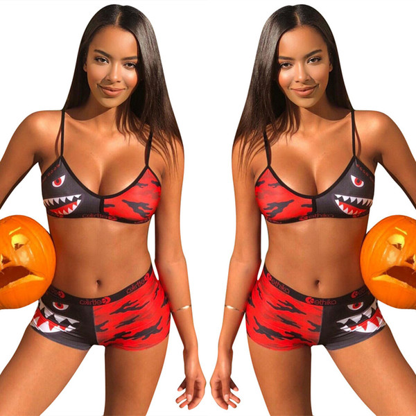 Women Camo Shark Swimwear Tie up Bra Shorts 2pcs/set Tracksuit Short Pants Patchwork Shark Swimsuit Bikini OOA6415