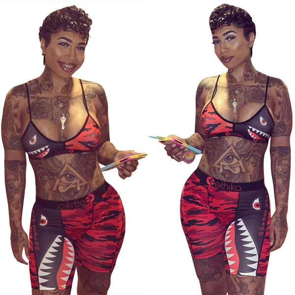Women Camo Shark Swimwear Tie up Bra Pants 2pcs/set Tracksuit Short Pants Patchwork Shark Swimsuit Bikini OOA6416