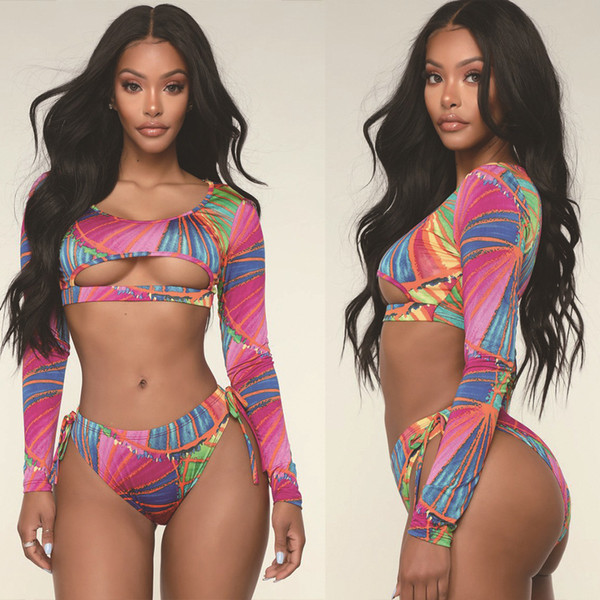 Sexy Rainbow Printed Women Bikini Set Beach Swimwear 2Pcs Brazilian Hollow Out Swimsuits Summer Bandage Bathing Suits