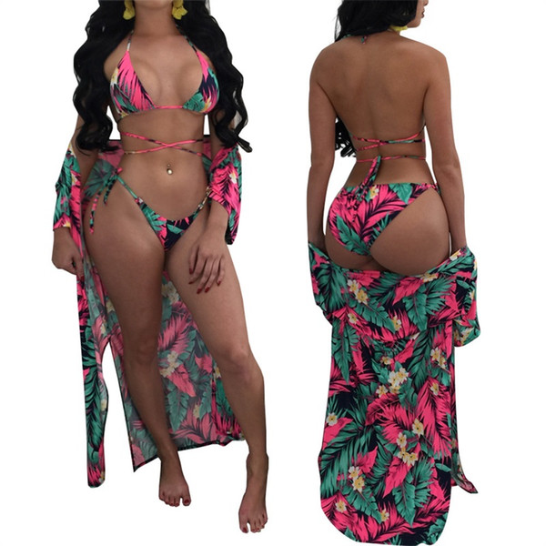 Femme Bikini Printing Long Sleeves Loose Coat Cloak Woman Bandage Swimsuit Lady Swimwear Conjoined Two Pieces Suits 5 5sn V