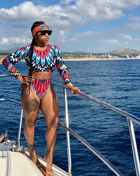 2019 Casual Beach Woman 2 Piece Set Bikini Lady Colorized Printed O Neck Long Sleeve Crop Top And Elastic Waist Shorts top quality