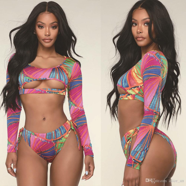 Sexy Rainbow Printed Women Bikini Set Beach Swimwear 2Pcs Brazilian Hollow Out Swimsuits Summer Bandage Bathing Suits