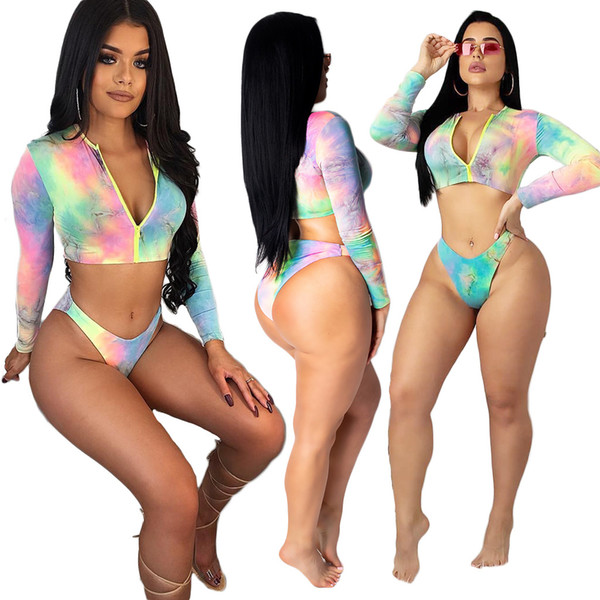 New Women Print Zipper Up Long Sleeve Short Crop Top And Panties Suits Two Piece Set Sexy Night Club Tracksuit Outfit 2PCS Suits