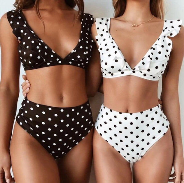 feminino 2018 High Waist Swimsuit Bikinis Womens Swim Suit Lotus Leaf Bikini Set Dot Printed Swimwear Women Beachwear Biquini Bathing Suit