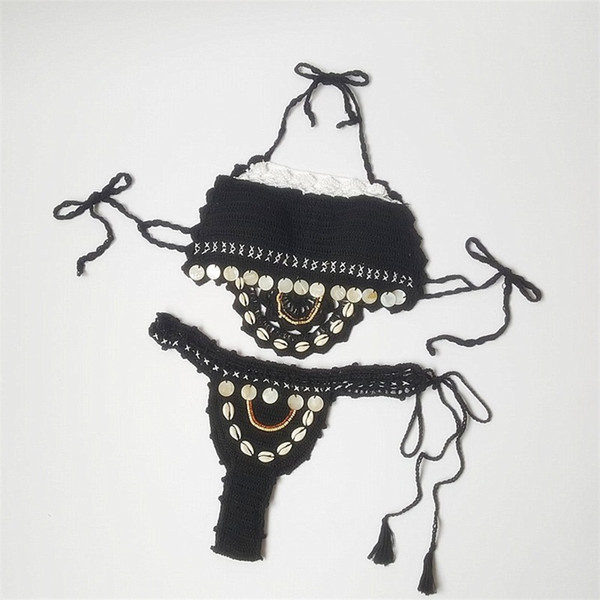 Woman Swimsuit Two Piece Suits Femme Bellyband Croche Sexy Backless Back Strap Bikini Lady Swimwear Shell Knitting Bathing 45yh V