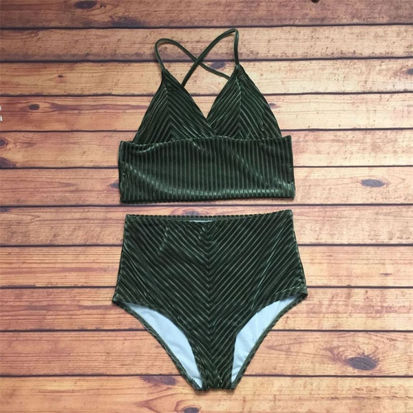 Femme Bikini Two Piece Suits Woman Swimsuit Lady Swimwear Velvet High Waist Sexy Divided Body Pure Color Fresh Hot Sale 25sc V
