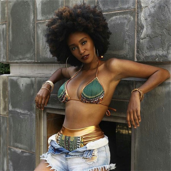 Woman Swimsuit Swimwear Lady Bikini Femme African Print Two Piece Suits Bath Sexy Geometric High Waist Gold 20zy V