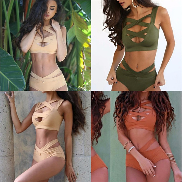 Woman Swimsuit Swimwear Lady Clothes Bikini Femme Sexy Hollow Out Bandage Summer Two Piece Suits Pure Color 15dy V