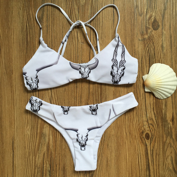 Lady Swimwear White Tau Cow Skull Print Sling Triangle Woman Swimsuit Femme Bikini Summer Beach Bathing Two Piece Suit 18zy V