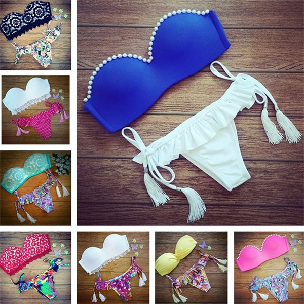 Woman Swimsuit Sexy Flower Print Triangle Two Pieces Suits Lady Swimwear Femme Bikini Bra Bandage Tassels Fashion 20zy V