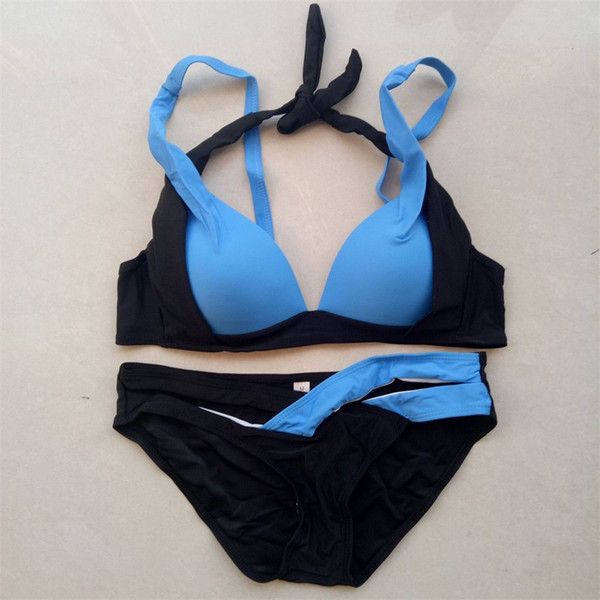 Woman Swimsuit Swimwear Lady Bikini Femme Sexy Bandage Blue Patchwork Divided Body Two Piece Suits With Chest Pad 20jh V