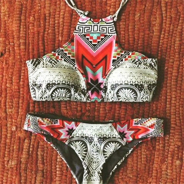 European And American Fashion Women Bandage Swimwear Lady Ethnic Style Split Type Swimsuit Nylon Printing Sexy Bikini 15px W