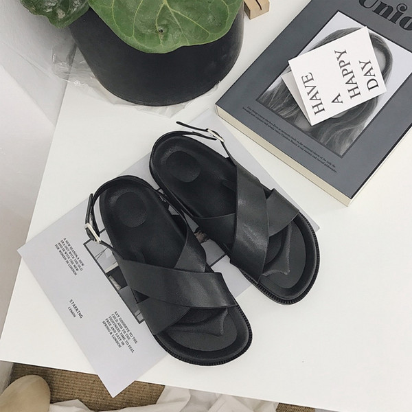 Korea Places Women Black Simple Cross Open Toe Wild Summer Trend Ladies Sandals C01009