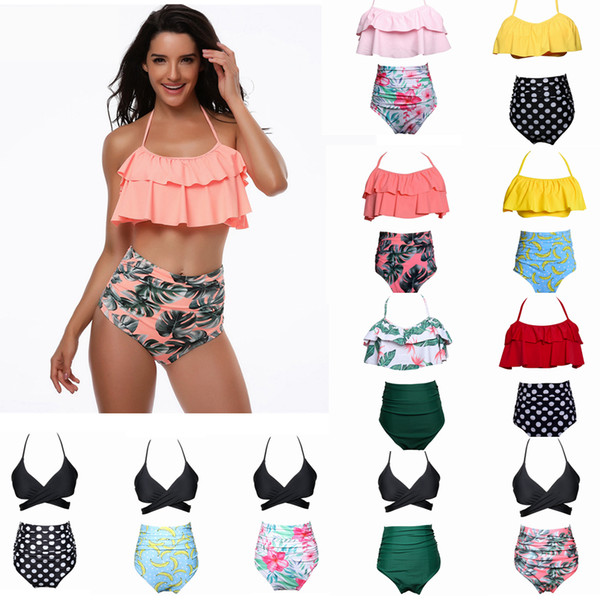 15styles Women Waist Polka Dot Bikini Sexy Print Swimwear Summer Beachwear Lotus Leaf Floral Bikini Set Bra Swimsuit Bathing Suits AAA357