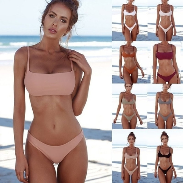 Summer Solid Bikini Set Women Swimsuit with Push-up Padded Bras Triangle Bathing suit 7 Colors Body suit Biquini